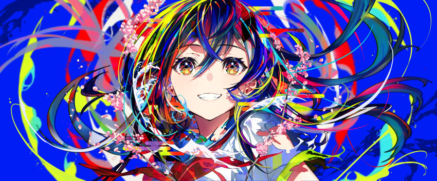 1girl bangs black_hair blue_sailor_collar bow branch brown_eyes cherry_blossoms commentary_request egasumi flower grin hair_between_eyes highres looking_at_viewer mika_pikazo multicolored_hair original pink_flower red_bow sailor_collar shirt short_sleeves smile solo upper_body water white_shirt