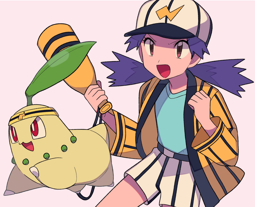 1girl :d baseball_cap belt belt_buckle black_belt brown_eyes buckle casey_(pokemon) chikorita clenched_hand commentary_request eyelashes green_shirt hat highres holding jacket long_hair open_clothes open_jacket open_mouth pokemon pokemon_(anime) pokemon_(classic_anime) pokemon_(creature) purple_hair shirt shorts smile tongue twintails tyako_089 white_headwear white_shorts yellow_jacket