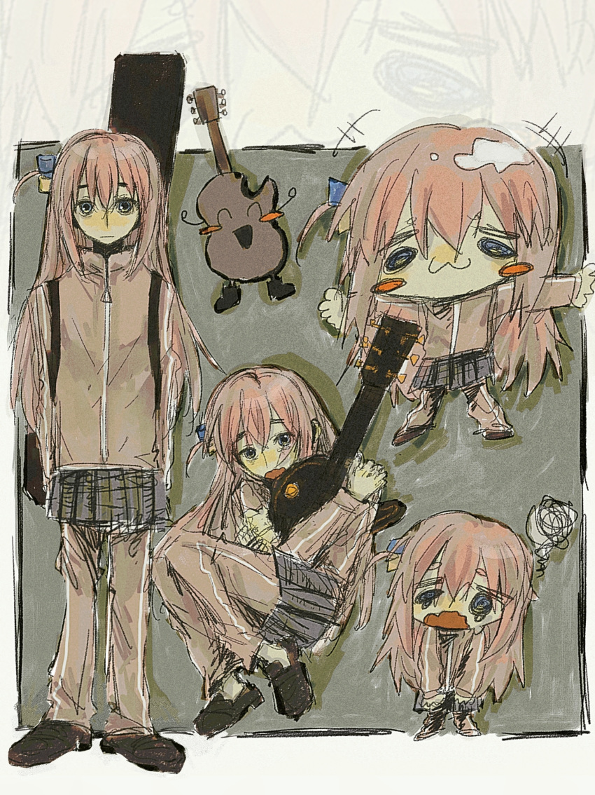 1girl absurdres bangs blue_eyes blush bocchi_the_rock! brown_footwear chibi cube_hair_ornament electric_guitar full_body gibson_les_paul gotou_hitori grey_skirt guitar hair_between_eyes hair_ornament highres holding holding_instrument instrument instrument_case jacket loafers long_hair long_sleeves multiple_views muted_color one_side_up open_mouth pants pants_under_skirt pink_hair pink_jacket pink_pants pleated_skirt school_uniform shoes sitting skirt smile sn00zer solo standing tears track_jacket track_pants