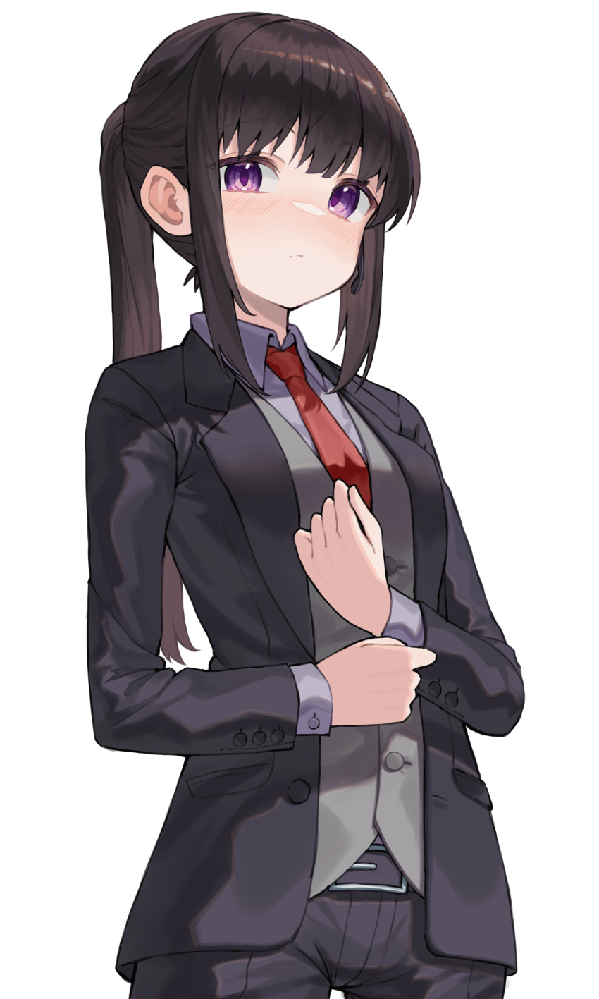 1girl absurdres bangs belt belt_buckle black_hair black_jacket black_pants buckle closed_mouth collared_shirt cowboy_shot grey_shirt grey_vest highres inoue_takina jacket long_hair long_sleeves lycoris_recoil necktie open_clothes open_jacket pants ponytail red_necktie scarlet23i0 shiny shiny_hair shirt simple_background solo standing vest violet_eyes white_background wing_collar