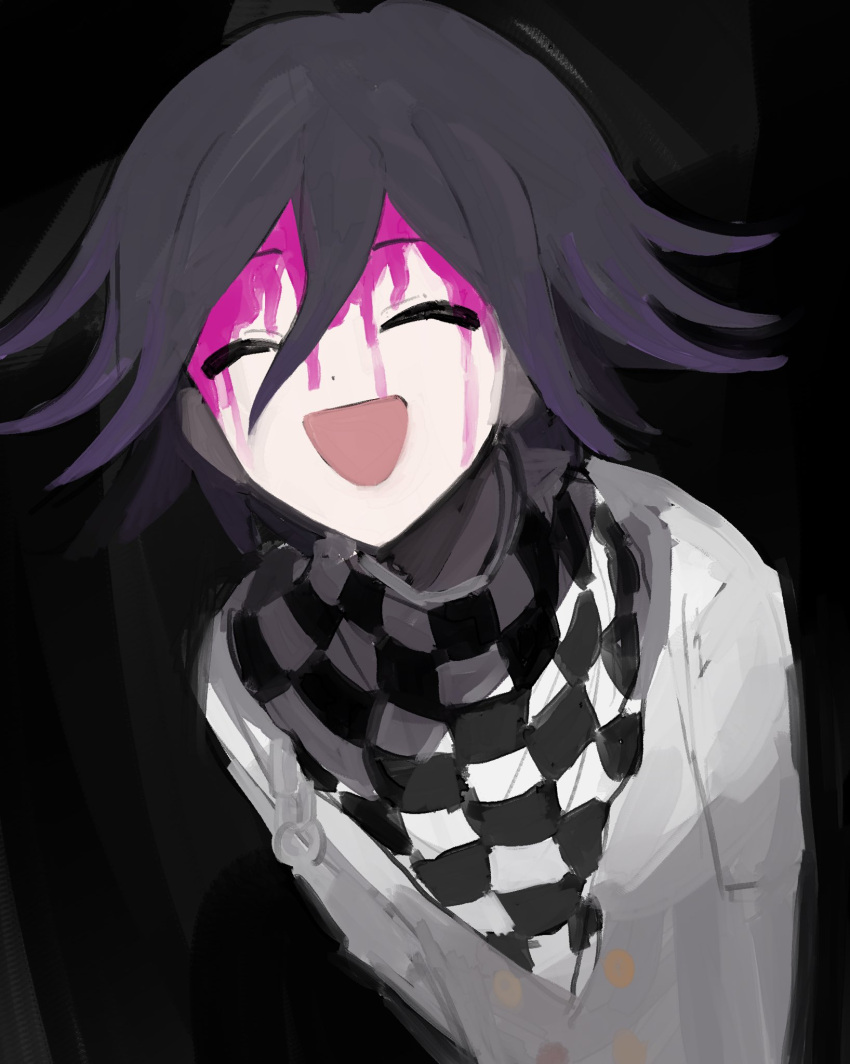 1boy :d bangs black_background black_hair blood blood_on_face checkered_clothes checkered_scarf closed_eyes danganronpa_(series) danganronpa_v3:_killing_harmony facing_viewer grey_jacket hair_between_eyes highres jacket kkochi_(k_dk170) medium_hair open_mouth ouma_kokichi pink_blood scarf smile solo