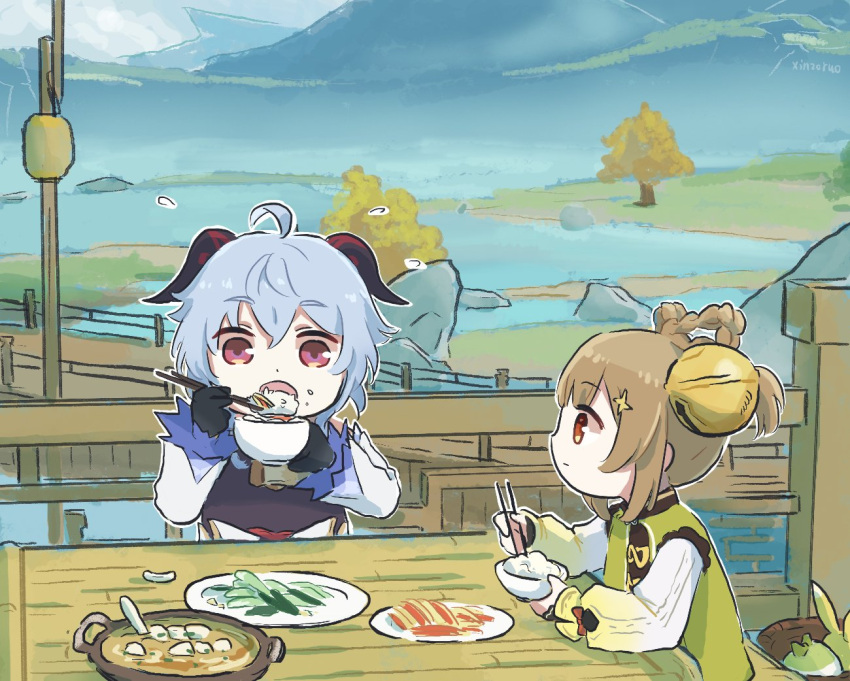 2girls architecture artist_name bowl bridge chibi chopsticks day east_asian_architecture eating food ganyu_(genshin_impact) genshin_impact holding holding_chopsticks meal mountain mountainous_horizon multiple_girls red_eyes rice rice_bowl river rock tree xinzoruo yaoyao_(genshin_impact)