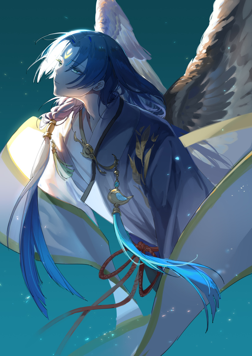 1boy absurdres angel_wings bangs bishounen black_hair chinese_clothes closed_mouth expressionless facial_mark forehead_mark hair_over_shoulder half-closed_eyes hanfu highres leaning_forward long_hair long_sleeves low-tied_long_hair male_focus parted_bangs rachelee618 solo tassel the_tale_of_food wide_sleeves wings zi_tui_yan