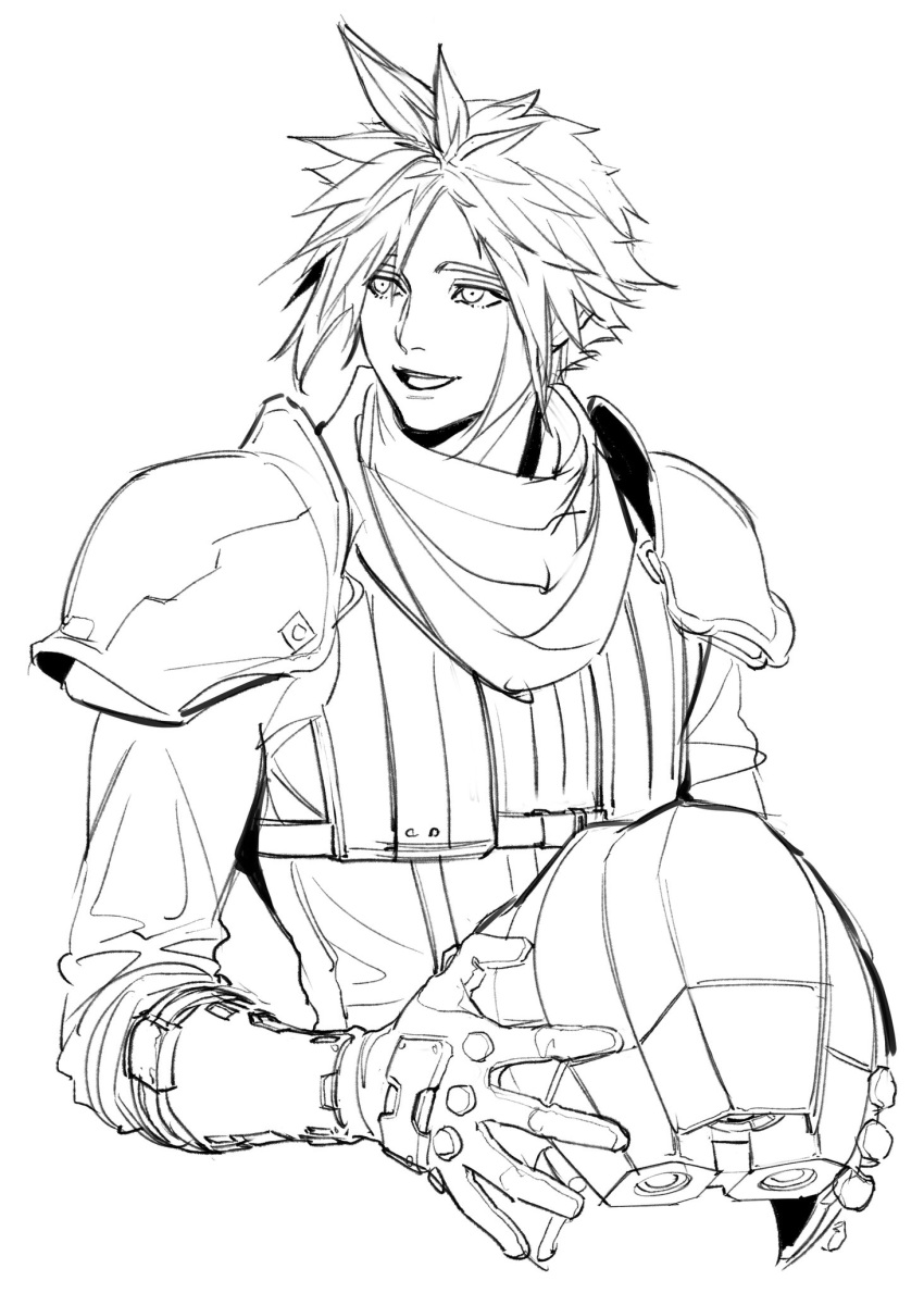 1boy arm_guards armor asymmetrical_hair cloud_strife crisis_core_final_fantasy_vii final_fantasy final_fantasy_vii final_fantasy_vii_remake gloves headwear_removed helmet helmet_removed highres holding holding_helmet lineart long_sleeves looking_to_the_side male_focus oimo_(oimkimn) scarf short_hair shoulder_armor smile solo spiky_hair upper_body white_background