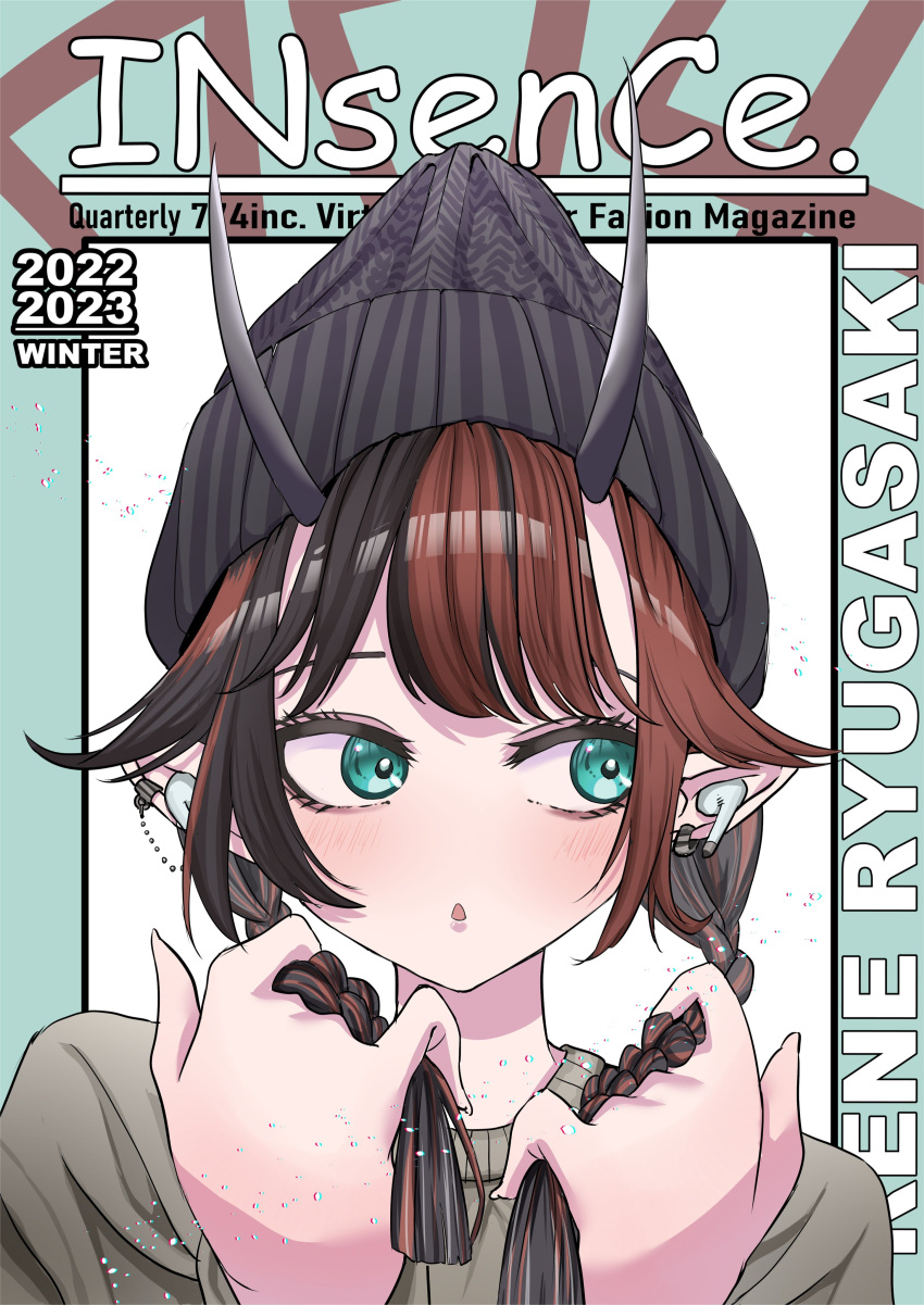 1girl 774_inc. absurdres alternate_costume alternate_hairstyle bangs beanie black_hair blue_eyes braid character_name commentary_request cover demon_girl demon_horns ear_chain ear_piercing earphones earphones fake_magazine_cover grey_shirt hat highres horns looking_to_the_side magazine_cover minyon multicolored_hair open_mouth piercing pointy_ears portrait redhead ryugasaki_rene shirt short_hair solo sugar_lyric twin_braids two-tone_hair virtual_youtuber