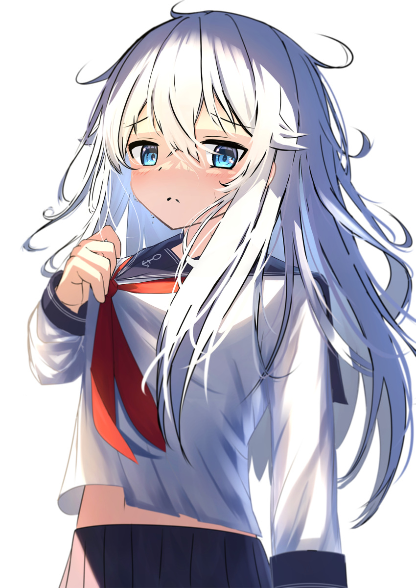 1girl anchor_symbol black_sailor_collar black_skirt blue_eyes commentary_request cowboy_shot hibiki_(kancolle) highres k2_buccalcone kantai_collection long_hair messy_hair neckerchief pleated_skirt red_neckerchief sailor_collar school_uniform serafuku shirt_tug simple_background skirt solo white_background white_hair
