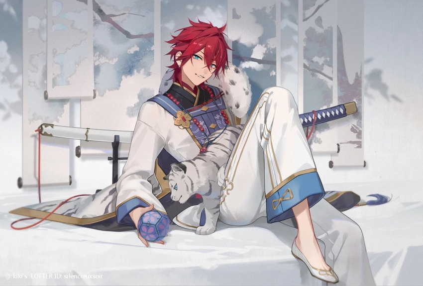 1boy amagi_rinne animal_on_lap blue_eyes bright_pupils ensemble_stars! eyokiki hair_between_eyes long_sleeves looking_at_viewer male_focus on_lap open_mouth redhead short_hair sitting smile tiger tiger_cub traditional_clothes white_footwear white_pupils white_tiger wide_sleeves