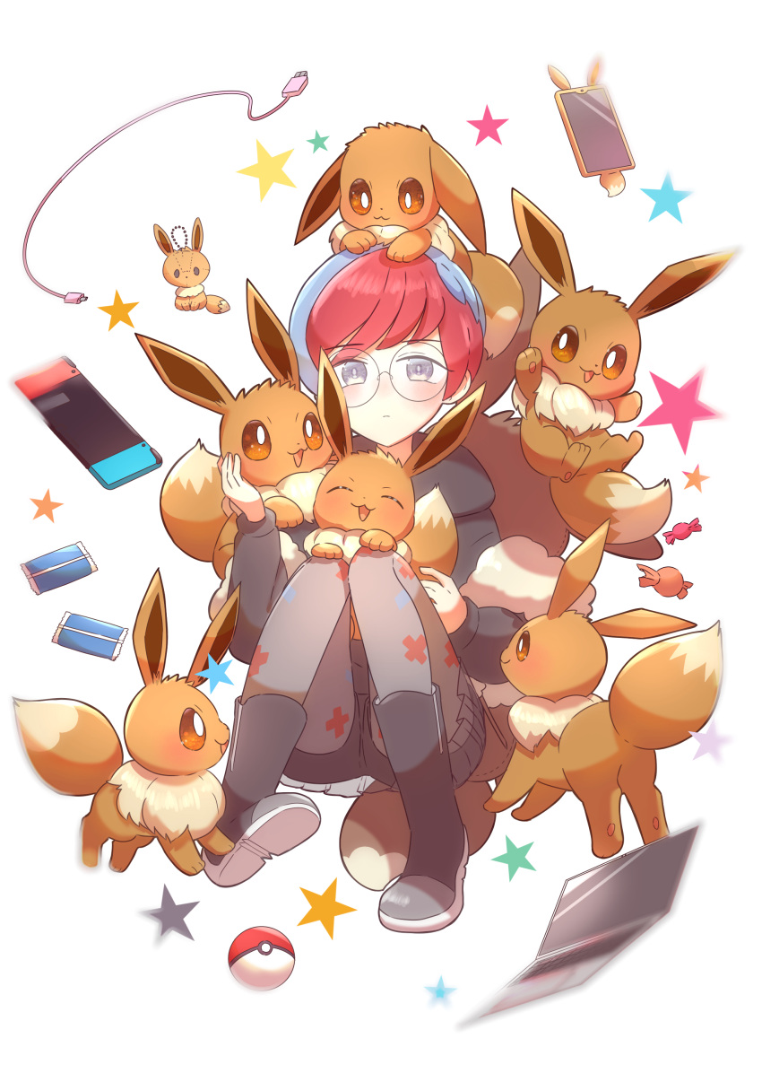 1girl absurdres bangs blue_hair blush boots cable closed_mouth commentary_request computer eevee glasses grey_eyes harapeko_(syokuyokuousei) highres hood hoodie laptop long_sleeves multicolored_hair on_head pantyhose penny_(pokemon) pokemon pokemon_(creature) pokemon_(game) pokemon_on_head pokemon_sv redhead round_eyewear short_hair star_(symbol) two-tone_hair white_background
