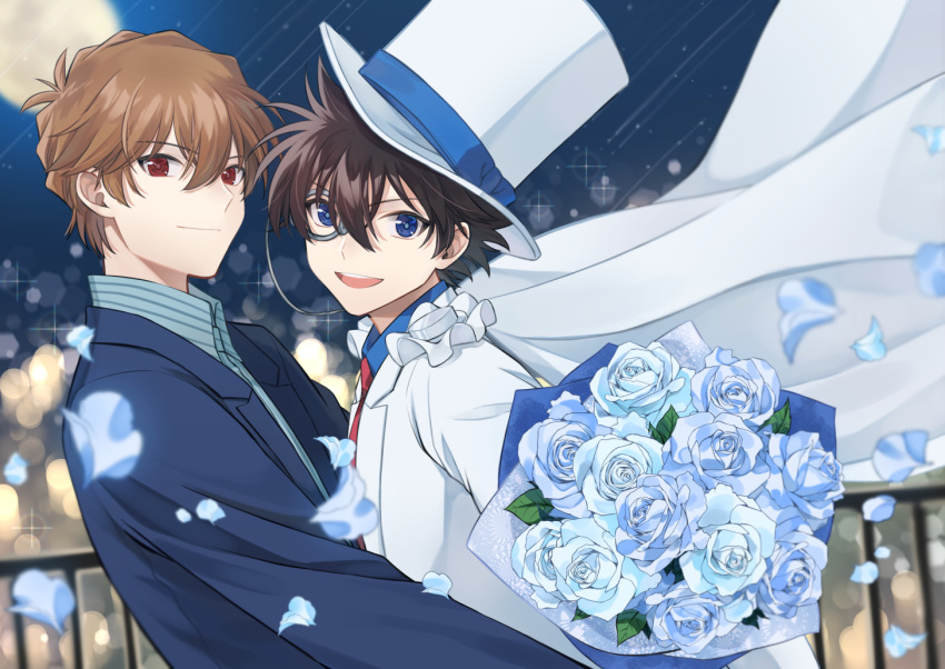 2boys blue_eyes blue_flower blue_rose brown_hair cape collared_shirt flower formal hakuba_saguru hat kaitou_kid kuroba_kaito looking_at_viewer magic_kaito male_focus multiple_boys necktie open_mouth petals red_eyes red_necktie rose shirt suit white_cape white_suit yumashiki