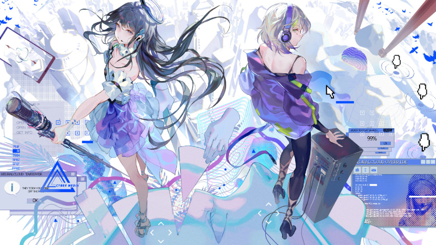 2girls back-to-back bare_shoulders black_hair commentary_request copyright_name cursor disembodied_limb dress earpiece frilled_dress frills full_body girls'_frontline_neural_cloud girls_frontline grey_hair groove_(girls'_frontline_nc) halo headphones high_heels highres holding holding_microphone_stand jacket long_hair looking_at_viewer looking_back microphone microphone_stand multiple_girls nanaka_(girls'_frontline_nc) off_shoulder official_art pants purple_jacket reeh_(yukuri130) short_hair window_(computing)