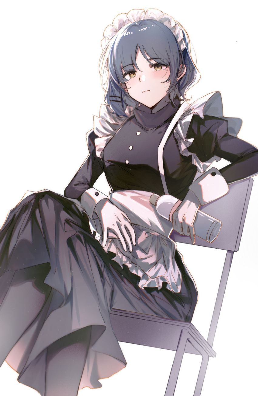 1girl absurdres alternate_costume apron bangs black_dress blue_hair blush bocchi_the_rock! bottle canis428 closed_mouth dress frills highres holding holding_bottle long_sleeves looking_at_viewer maid maid_apron maid_headdress on_chair puffy_sleeves short_hair simple_background sitting solo white_apron white_background yamada_ryou yellow_eyes