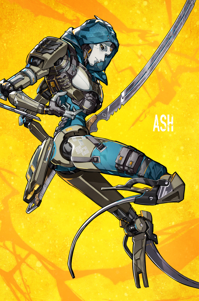 1girl android animification apex_legends ash_(titanfall_2) black_sclera blue_leotard breasts character_name colored_sclera highres holding holding_sword holding_weapon hood hood_up leotard metal_skin mika_pikazo open_hand science_fiction simulacrum_(titanfall) small_breasts solo sword weapon yellow_background yellow_eyes