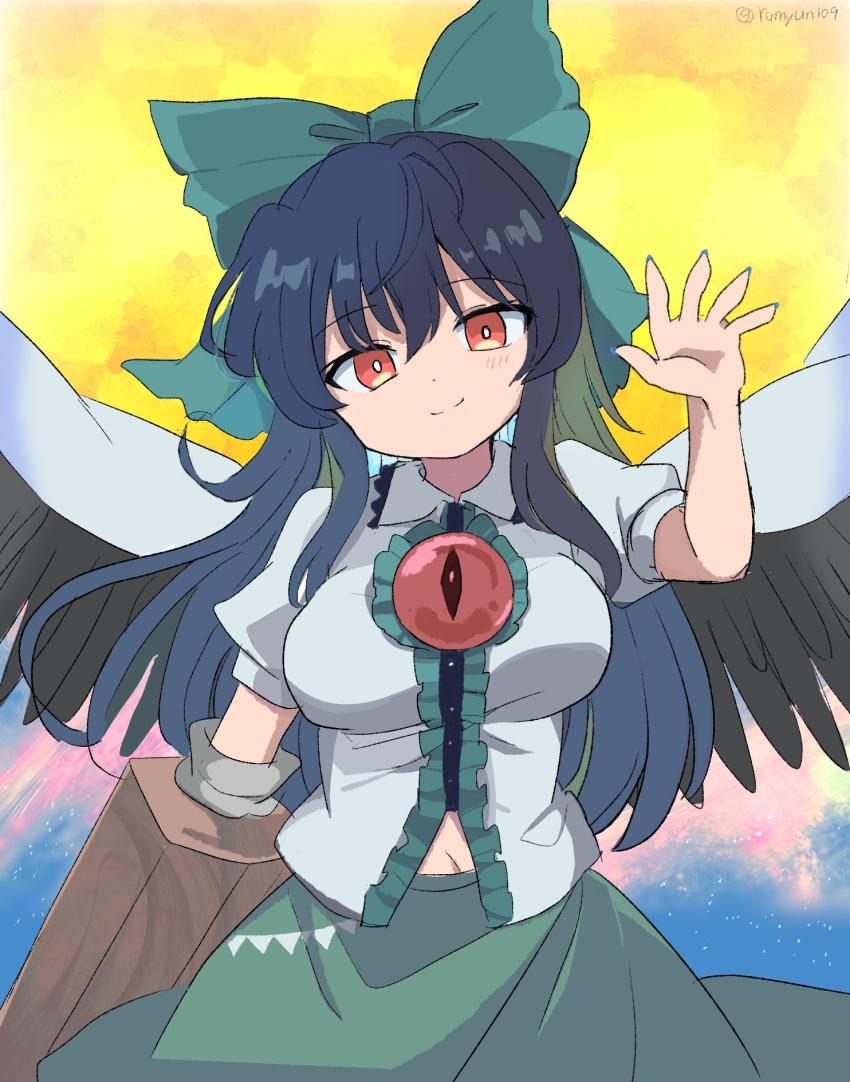 1girl arm_cannon bangs bird_wings black_hair black_wings bow breasts bright_pupils cape center_frills closed_mouth cowboy_shot frills green_bow hair_bow highres large_breasts long_hair looking_at_viewer navel ramudia_(lamyun) red_eyes reiuji_utsuho sidelocks smile solo standing touhou weapon white_cape white_pupils wings