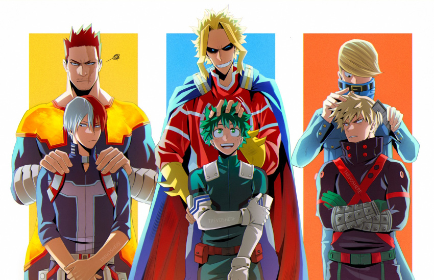 6+boys :d all_might artist_name bakugou_katsuki bangs belt best_jeanist black_bodysuit blonde_hair blue_bodysuit blue_cape blue_eyes blue_jacket blue_pants bodysuit boku_no_hero_academia brown_belt brushing_another's_hair brushing_hair cape clenched_teeth closed_mouth cowboy_shot elbow_gloves endeavor_(boku_no_hero_academia) facial_hair gloves green_bodysuit green_gloves green_hair grin hand_on_own_arm hands_on_another's_shoulders height_difference highres jacket long_sleeves looking_at_another midoriya_izuku multicolored_background multicolored_hair multiple_boys one_eye_closed own_hands_together pants pouch red_bodysuit red_cape redhead shaded_face shiny shiny_hair short_hair smile squiggle stubble swept_bangs teeth todoroki_shouto trevo_(trevoshere) two-sided_cape two-sided_fabric two-tone_hair white_gloves white_hair yagi_toshinori