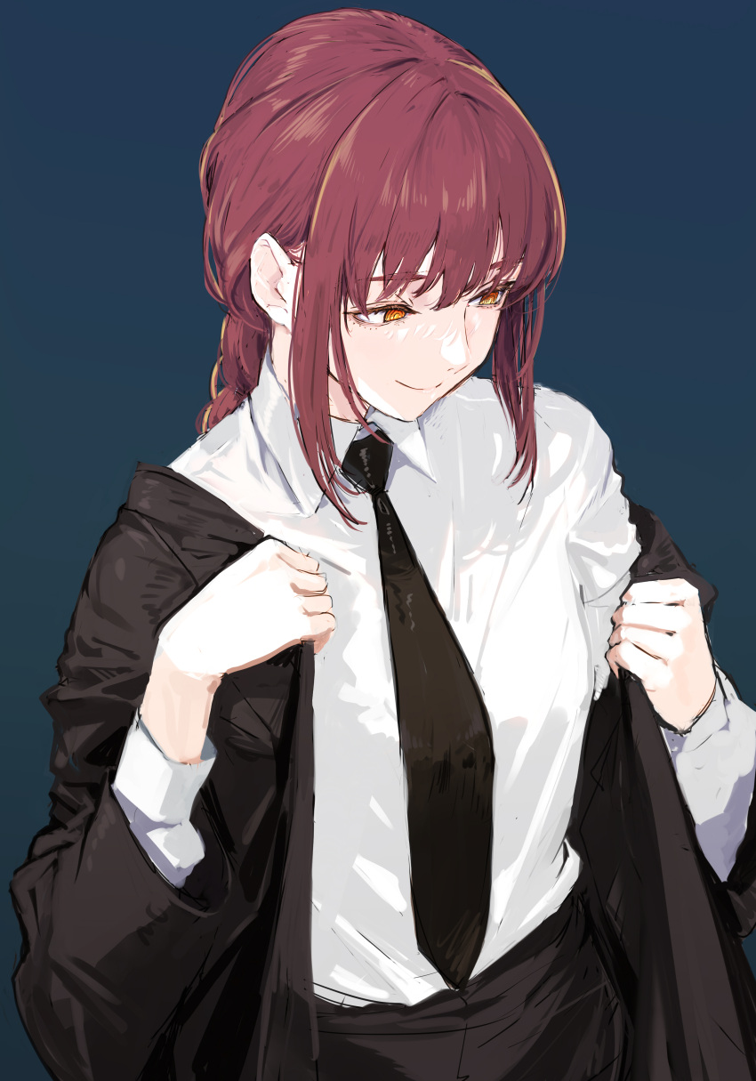 1girl absurdres akasaai bangs black_necktie black_pants blue_background braid braided_ponytail business_suit chainsaw_man closed_mouth collared_shirt commentary cowboy_shot formal highres jacket long_hair long_sleeves makima_(chainsaw_man) necktie office_lady orange_eyes pant_suit pants redhead ringed_eyes shirt simple_background smile solo suit white_shirt
