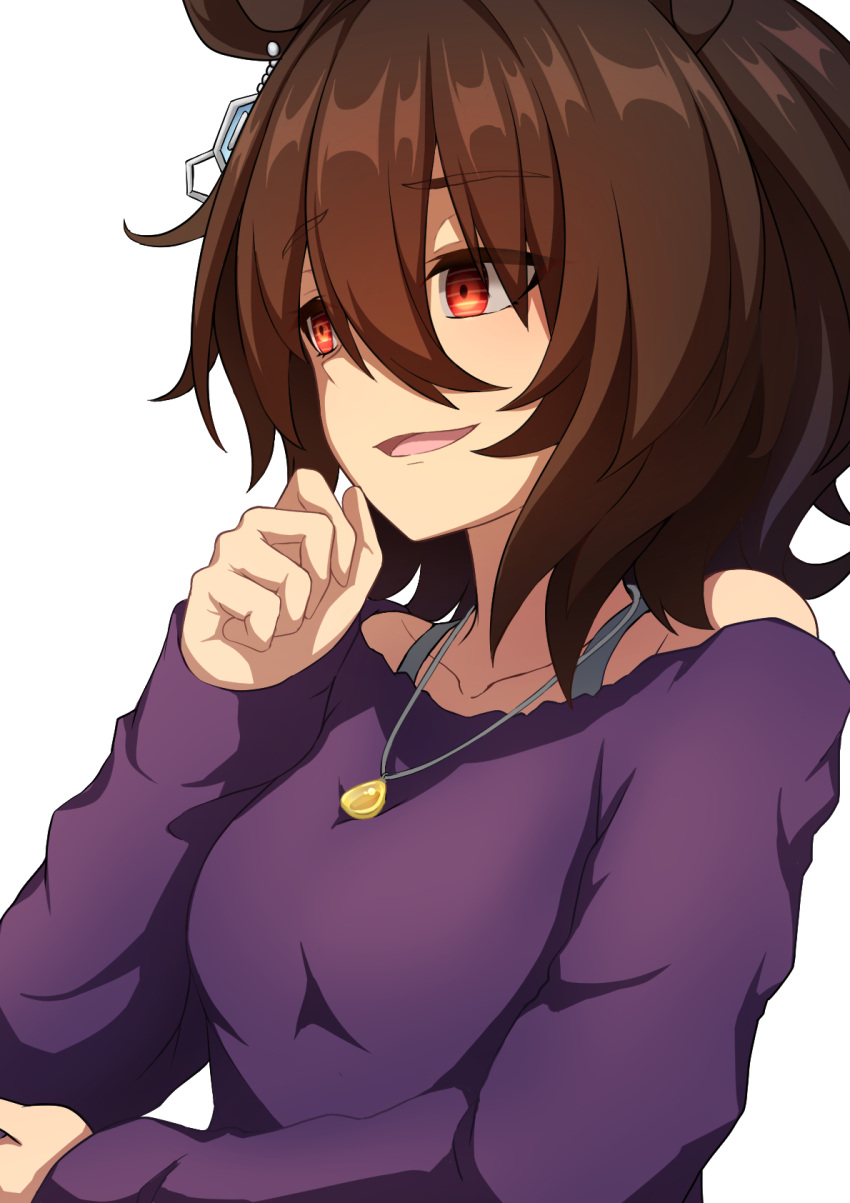 1girl agnes_tachyon_(umamusume) ahoge bare_shoulders brown_hair earrings empty_eyes hair_between_eyes hand_on_own_chin highres jewelry long_sleeves necklace official_alternate_costume purple_sweater red_eyes ruisuke short_hair simple_background single_earring solo sweater umamusume white_background