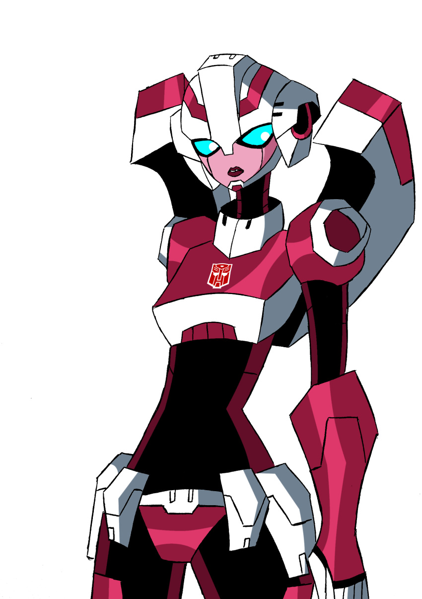 1girl arcee autobot blue_eyes breasts curvy highres humanoid_robot medium_breasts nicklunatique panties pink_panties red_lips robot simple_background solo transformers transformers_animated underwear white_background