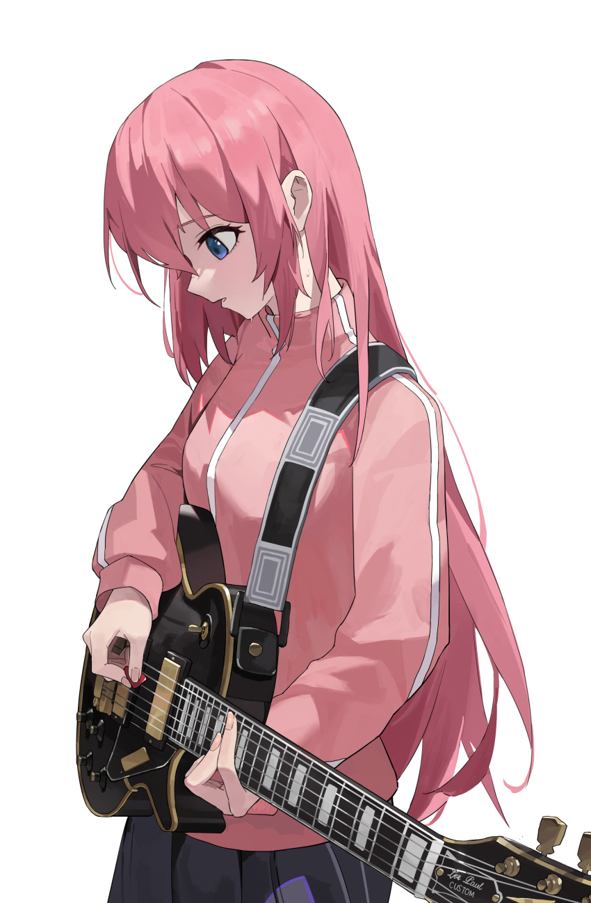1girl absurdres bangs black_skirt blue_eyes blush bocchi_the_rock! breasts commentary cowboy_shot electric_guitar from_side gibson_les_paul gotou_hitori guitar highres holding holding_instrument holding_plectrum instrument jacket light_blush long_hair long_sleeves looking_down music nai_gai open_mouth pink_hair pink_jacket playing_instrument pleated_skirt plectrum sidelocks simple_background skirt small_breasts solo standing sweat track_jacket white_background
