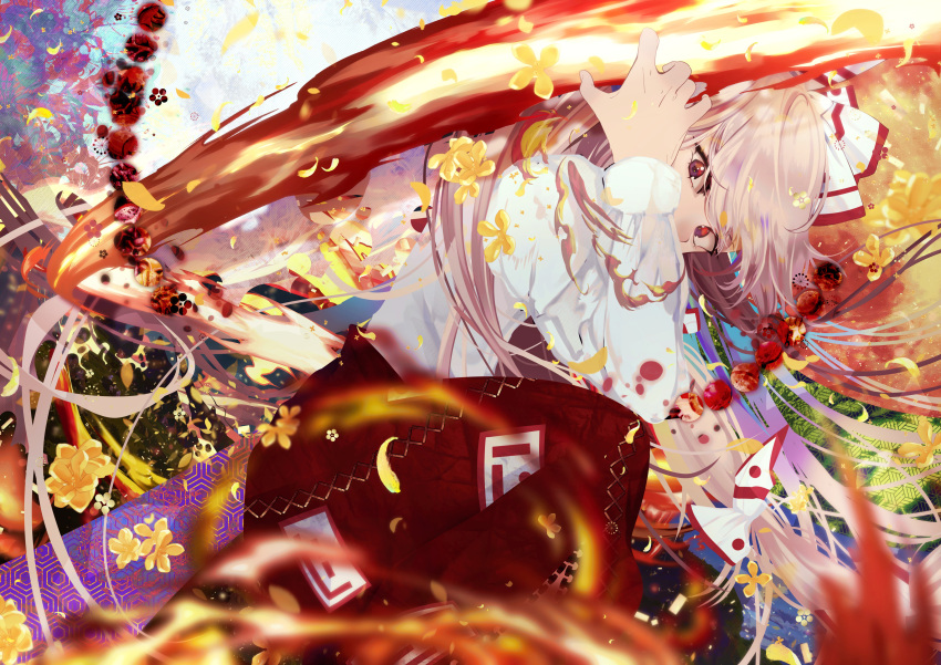 1girl abstract_background absurdres babi_babirusa bangs bow commentary_request covering_mouth feet_out_of_frame fire flower fujiwara_no_mokou grey_hair hair_bow hand_up hexagon highres knee_up leaning_forward long_hair long_sleeves looking_at_viewer moon ofuda ofuda_on_clothes pants red_bow red_eyes red_pants shirt solo touhou white_bow white_shirt yellow_flower