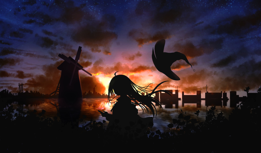 1girl absurdres alc.3vol building clouds cloudy_sky elaina_(majo_no_tabitabi) hat hat_removed headwear_removed highres long_hair majo_no_tabitabi night night_sky river scenery sky solo standing star_(sky) starry_sky sunset water windmill witch_hat
