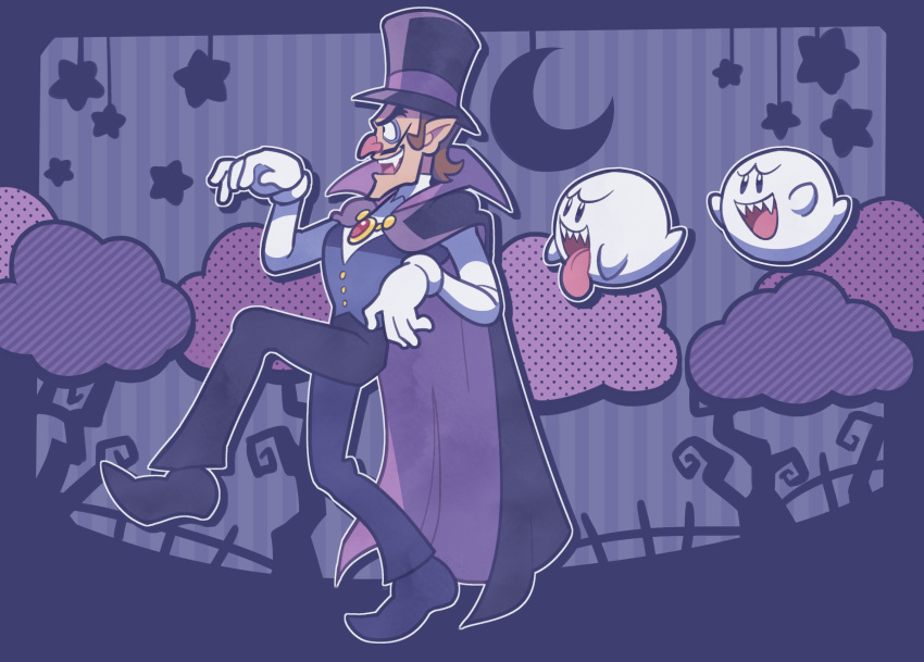 1boy ben-day_dots boo_(mario) branch brooch brown_hair cape clouds crescent_moon facial_hair fangs ghost gloves halloween hat highres jewelry long_sleeves loveycloud male_focus moon mustache open_mouth pointy_ears purple_background screentones smile super_mario_bros. top_hat vampire_costume waistcoat waluigi white_gloves