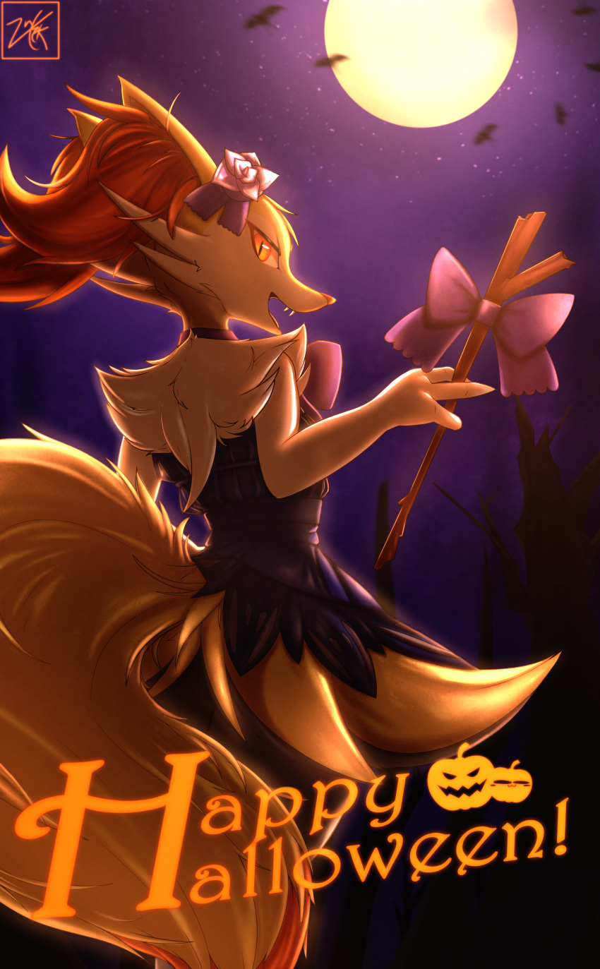 1girl absurdres animal_ear_fluff animal_ears animal_nose artist_name backlighting bat_(animal) black_dress black_fur body_fur bow braixen clothed_pokemon commentary dress english_commentary english_text fangs flower fox_ears fox_girl fox_tail from_behind full_moon fur_collar furry furry_female hair_flower hair_ornament halloween hand_up happy happy_halloween highres holding holding_stick knox_is_not_dead looking_at_viewer looking_back moon multicolored_fur night open_mouth orange_eyes outdoors pink_bow pink_flower pink_rose pokemon pokemon_(creature) purple_sky rose short_dress signature sleeveless sleeveless_dress smile snout solo standing star_(sky) stick tail watermark white_fur yellow_fur