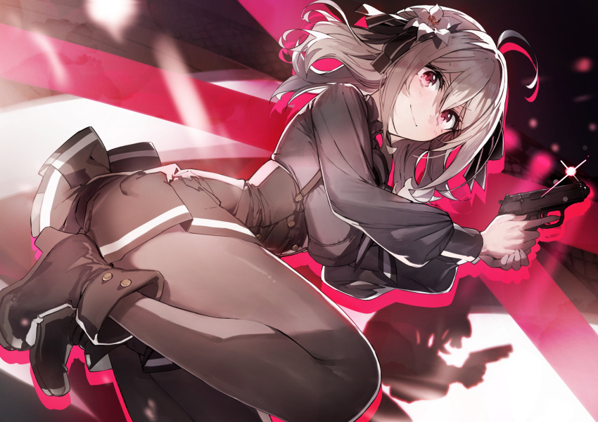 1girl absurdres ahoge black_footwear black_pantyhose black_ribbon black_skirt boots dutch_angle flower grey_hair gun hair_flower hair_ornament hair_ribbon handgun highres holding holding_gun holding_weapon lily_(spy_kyoushitsu) long_sleeves looking_at_viewer official_art pantyhose pleated_skirt red_eyes ribbon second-party_source skirt smile solo spy_kyoushitsu squatting wattaro weapon