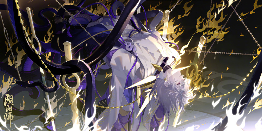 1boy highres japanese_clothes kamiochi_orochi long_hair male_focus official_art onmyoji snake solo white_hair