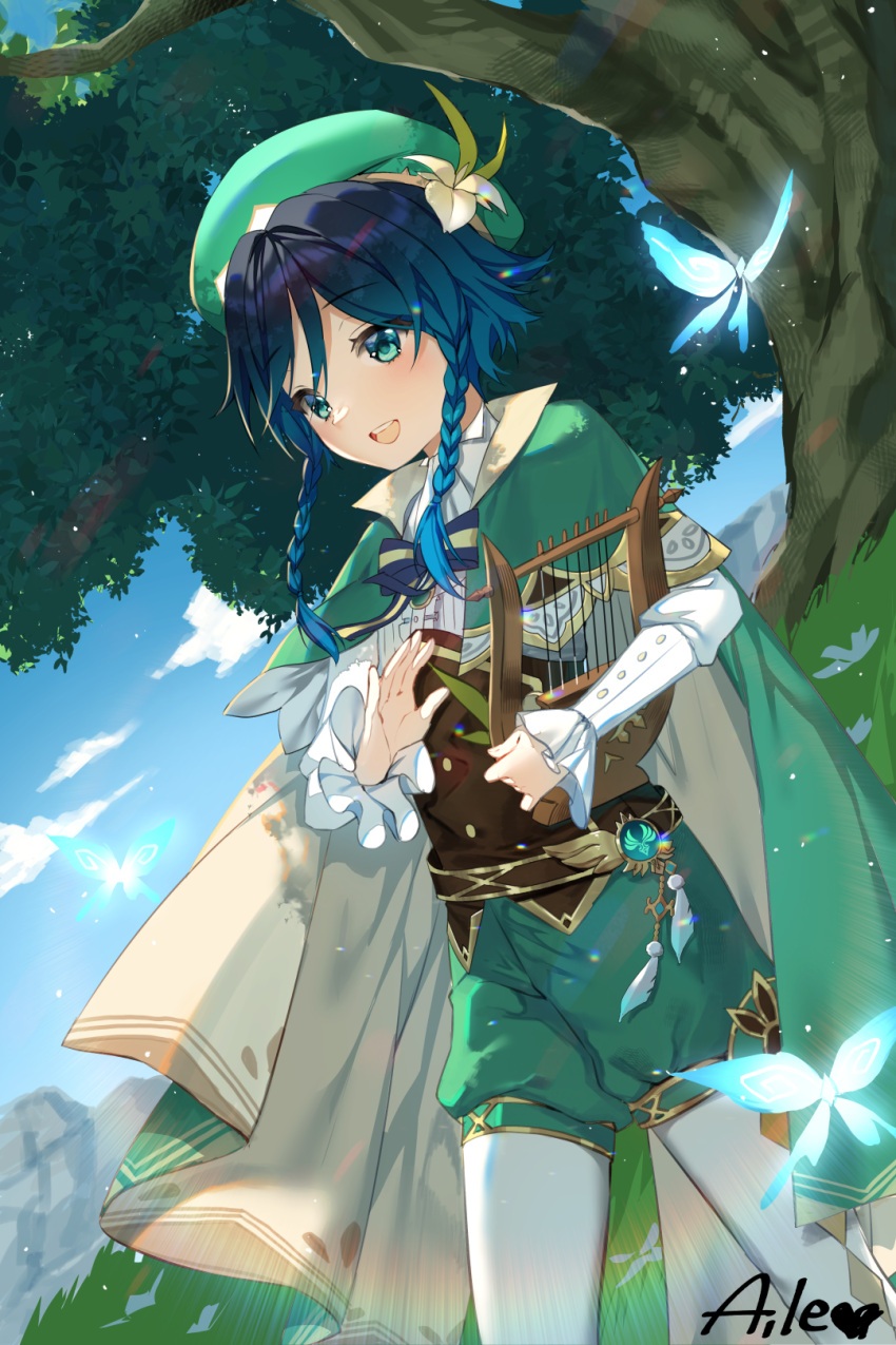 1boy :d aile_(crossroads) animal beret blue_eyes blue_hair blue_sky braid bug butterfly cape center_frills clouds commentary_request day frills genshin_impact green_cape green_headwear green_shorts harp hat highres holding holding_instrument instrument legwear_under_shorts long_hair male_focus outdoors pantyhose puffy_shorts shirt short_shorts shorts signature sky smile solo standing tree twin_braids venti_(genshin_impact) white_pantyhose white_shirt