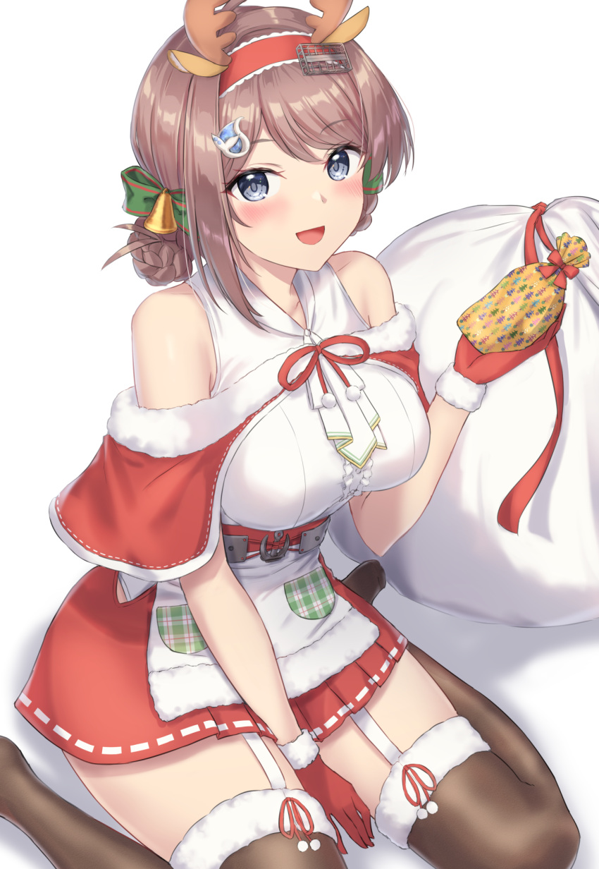 1girl antlers bell black_thighhighs blush breasts brown_hair chougei_(kancolle) commentary_request fake_horns garter_straps gloves grey_eyes highres horns kantai_collection large_breasts monoku official_alternate_costume open_mouth red_gloves reindeer_antlers sack santa_costume short_hair simple_background sitting smile solo thigh-highs wariza white_background