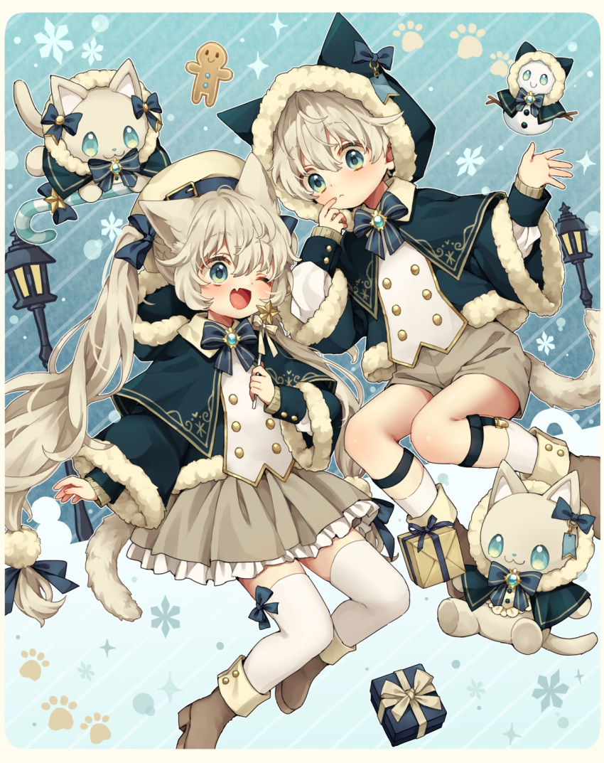1boy 1girl animal_ears blonde_hair blue_background blue_eyes border box cat_boy cat_ears cat_girl cat_tail closed_mouth facing_viewer fang garter_straps gift gift_box highres hood hood_up jacket lantern long_hair looking_at_another looking_to_the_side multicolored_background open_mouth original rii_(pixiv11152329) shirt short_hair shorts siblings skin_fang skirt snow snowflakes snowing star_(symbol) stuffed_animal stuffed_cat stuffed_toy tail thigh-highs twins twintails wavy_hair white_border white_thighhighs