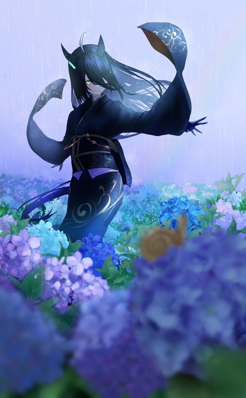 1girl absurdres ahoge animal_ears bangs black_gloves black_hair black_kimono blurry blurry_foreground blush field floating_hair flower flower_field gloves gold_trim hair_over_one_eye head_tilt highres horse_ears horse_girl horse_tail hydrangea japanese_clothes kimono long_bangs looking_at_viewer manhattan_cafe_(umamusume) multicolored_hair obi outdoors outstretched_arms overcast pale_skin pwpn7zl rain sash smile snail solo spinning spread_arms streaked_hair tail umamusume white_hair wide_sleeves yellow_eyes