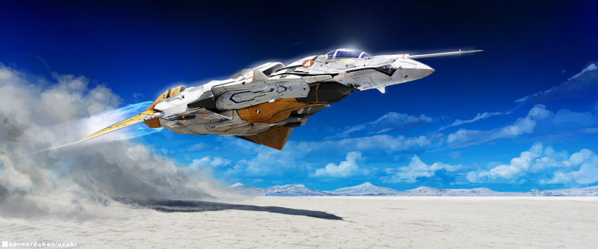 absurdres afterburner aircraft airplane blue_sky clouds desert dust fighter_jet flying highres jet macross mecha military military_vehicle no_humans original prototype radio_antenna realistic robot roundel science_fiction signature sky spacecraft starfighter test thrusters u.n._spacy uzuki_(artist) variable_fighter