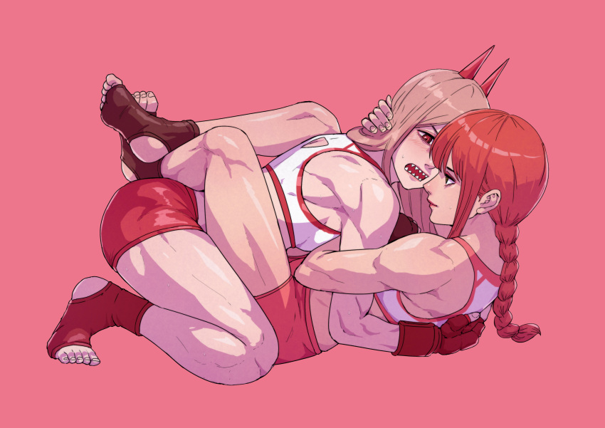 2girls absurdres bare_arms bare_legs bare_shoulders blonde_hair braid chainsaw_man cirenk fingerless_gloves gloves hand_on_another's_head highres long_hair makima_(chainsaw_man) multiple_girls muscular muscular_female pink_background power_(chainsaw_man) red_eyes redhead sharp_teeth teeth wrestling wrestling_outfit yellow_eyes