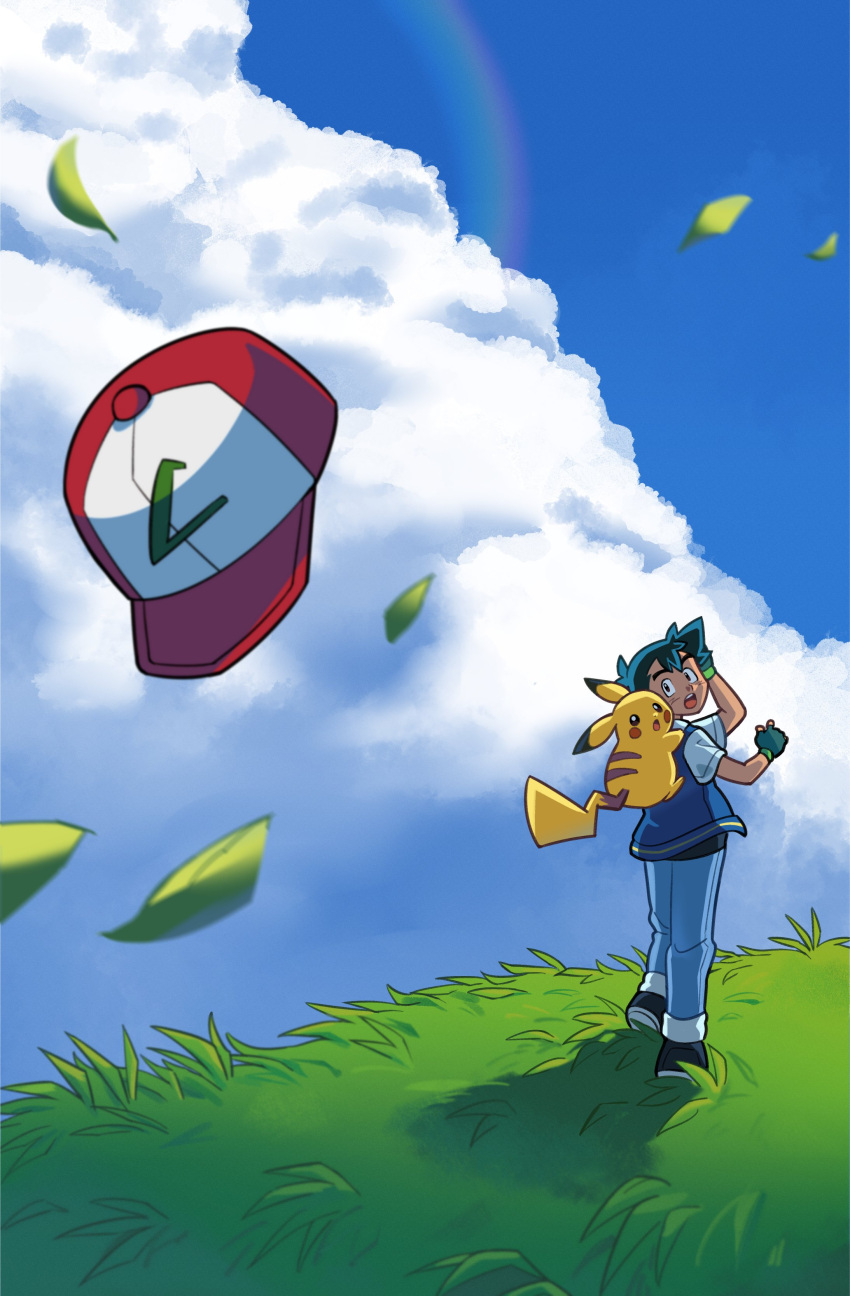 1boy absurdres ash_ketchum baseball_cap blue_sky carrying clouds cloudy_sky fingerless_gloves gloves grass hat hat_removed headwear_removed highres looking_back loveycloud male_focus open_clothes open_shirt pants piggyback pikachu pokemon pokemon_(anime) pokemon_(classic_anime) pokemon_(creature) shoes sky sneakers tail wind