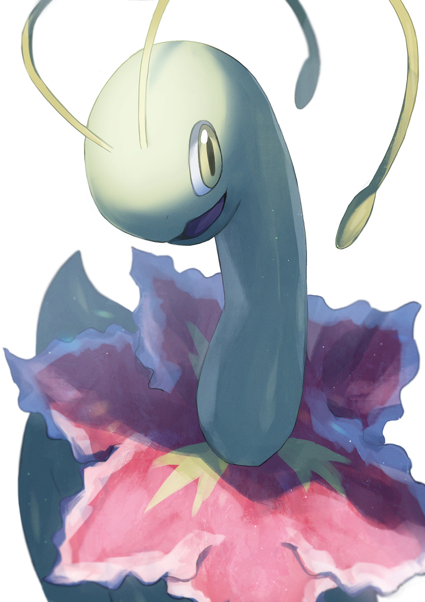 commentary_request flower highres hino_sasami meganium no_humans open_mouth pink_flower pokemon pokemon_(creature) simple_background smile solo white_background yellow_eyes