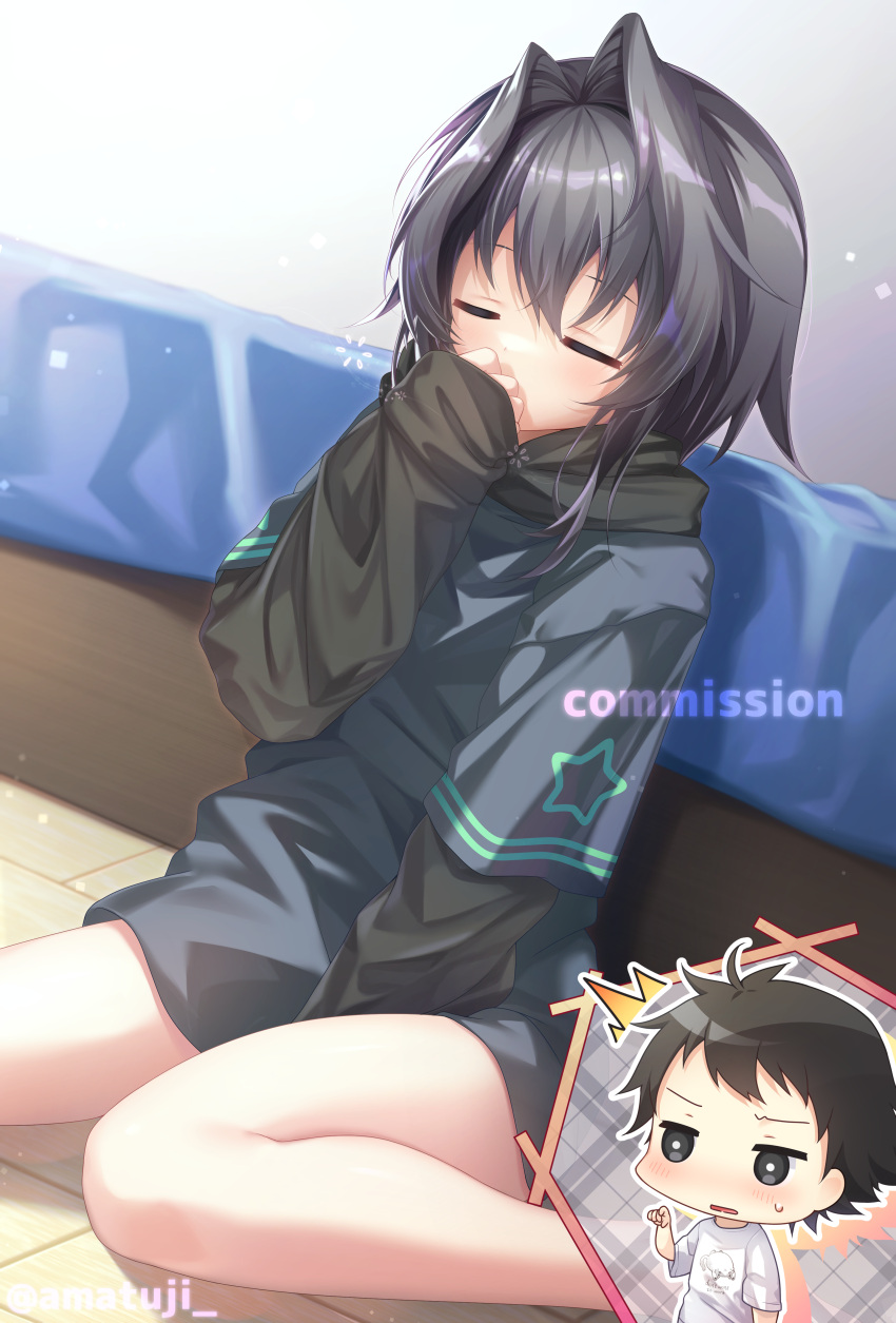 1boy 1girl 9_-nine-_kokonotsu_kokonoka_kokonoiro absurdres amatsuji arm_up bangs bare_legs barefoot bed between_legs black_eyes black_hair blush chibi commission dot_nose eyebrows_hidden_by_hair eyelashes grey_hoodie hair_between_eyes hair_intakes hand_between_legs hand_to_own_mouth highres hood hoodie indoors light niimi_kakeru on_floor open_mouth shirt short_hair_with_long_locks sidelocks signature sitting skeb_commission sleeves_past_wrists smelling smelling_clothes spiky_hair star_(symbol) star_print surprised thighs wariza white_shirt yuuki_noa