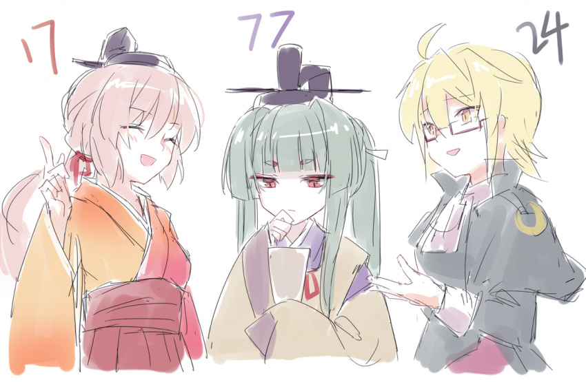 3girls ahoge akinomiya_asuka ariwara_no_miyabiko ascot bangs black_headwear black_shirt blonde_hair blunt_bangs closed_eyes closed_mouth commentary_request detached_sleeves glasses green_hair hair_between_eyes hakama hakama_skirt hand_up hat infinite_blade_pavilion japanese_clothes kariginu kimono long_hair long_sleeves magahara_mitama multiple_girls mystical_power_plant open_mouth orange_kimono original pink_hair ponytail purple_kimono rectangular_eyewear red-framed_eyewear red_eyes red_hakama shirt short_hair simple_background sketch skirt smile suitokuin_tenmu tate_eboshi touhou white_ascot white_background wide_sleeves yellow_eyes