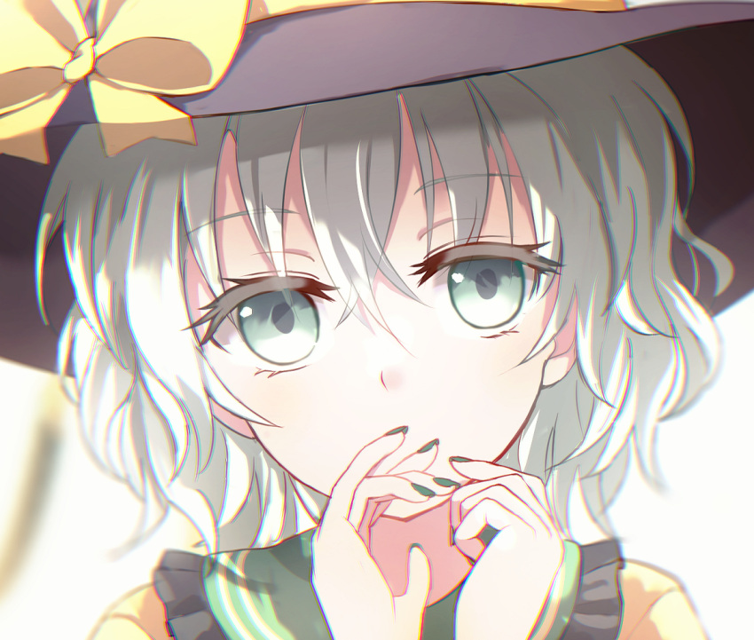 1girl bangs black_headwear bow close-up collared_shirt commentary_request dise_(psychoro) eyelashes fingernails frilled_shirt_collar frills green_eyes green_hair green_nails hat hat_bow komeiji_koishi nail_polish shirt solo touhou wavy_hair yellow_bow yellow_shirt