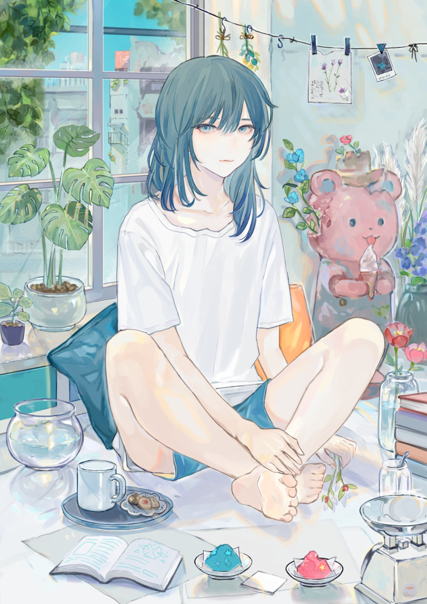 1boy bangs barefoot blue_eyes blue_hair blue_pants book closed_mouth cookie cup flower food highres iei000 indoors looking_at_viewer medium_hair open_book original pants plant plate potted_plant shirt short_sleeves sitting solo tagme white_shirt window