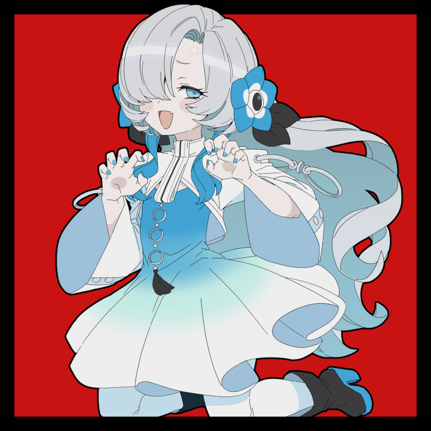 1girl :d akichi_360 black_border blue_dress blue_eyes blue_flower blue_hair blush_stickers boots border claw_pose cleavage_cutout clothing_cutout dress eyeball_hair_ornament fang flower gradient_dress hair_flower hair_ornament hair_over_one_eye high_heel_boots high_heels highres isekai_joucho jumping kamitsubaki_studio leggings looking_to_the_side multicolored_hair nail_polish o-ring raised_eyebrows red_background short_dress shrug_(clothing) sidelocks simple_background skin_fang smile smug solo streaked_hair vampire_(vocaloid) wavy_hair white_dress white_hair white_leggings wide_sleeves
