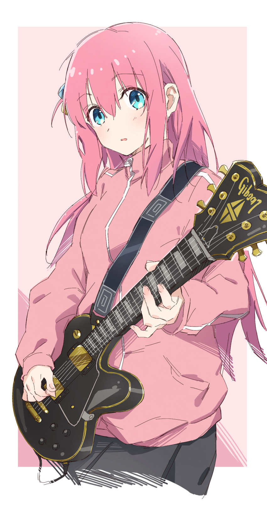 1girl absurdres batatata77 blue_eyes bocchi_the_rock! electric_guitar gotou_hitori guitar highres instrument jacket long_hair music pink_hair playing_instrument plectrum simple_background solo track_jacket
