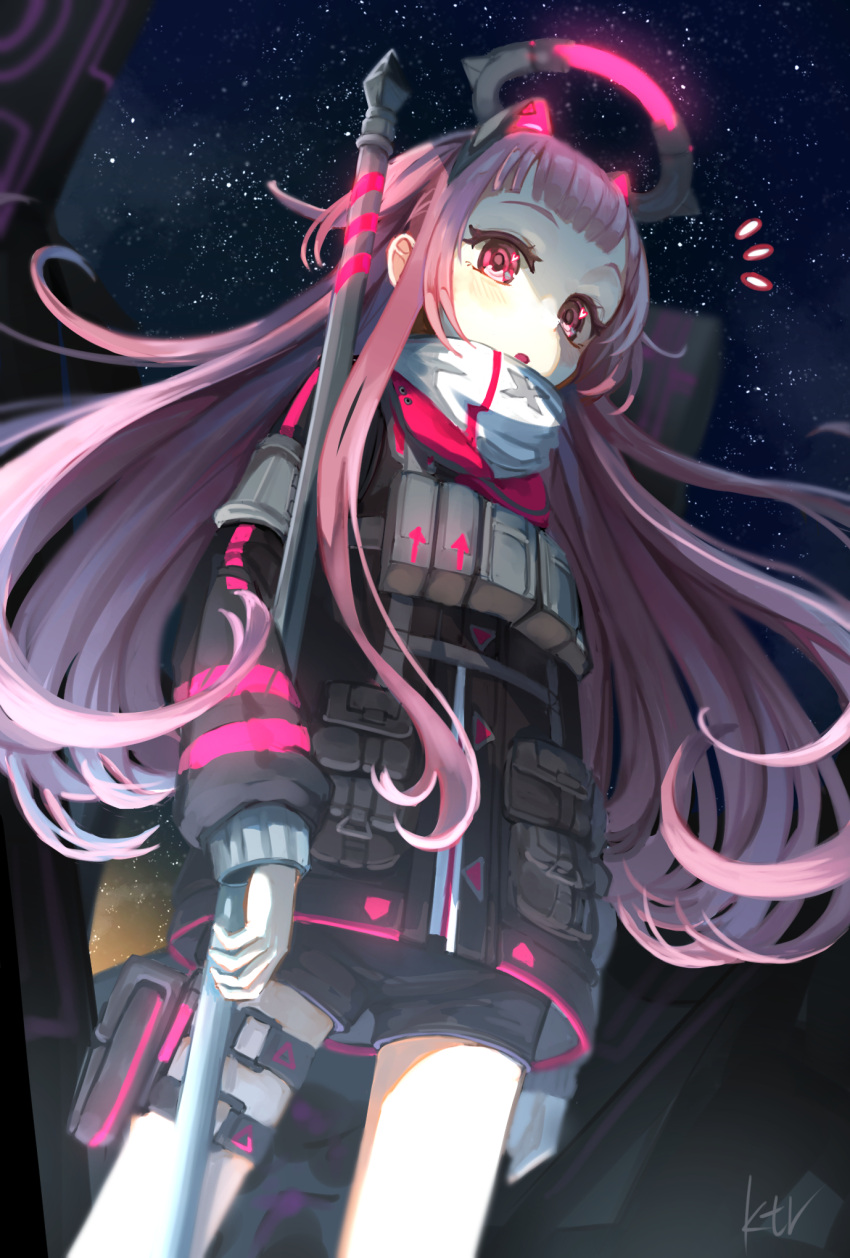 1girl alternate_hair_length alternate_hairstyle bangs blush from_below glowing halo high_collar highres holding holding_staff holster jacket ktori long_hair long_sleeves looking_at_viewer mechanical_ears night night_sky ootori_emu open_mouth pink_eyes pink_hair project_sekai short_shorts shorts sky solo staff star_(sky) starry_sky tactical_clothes thigh_holster two_side_up very_long_hair