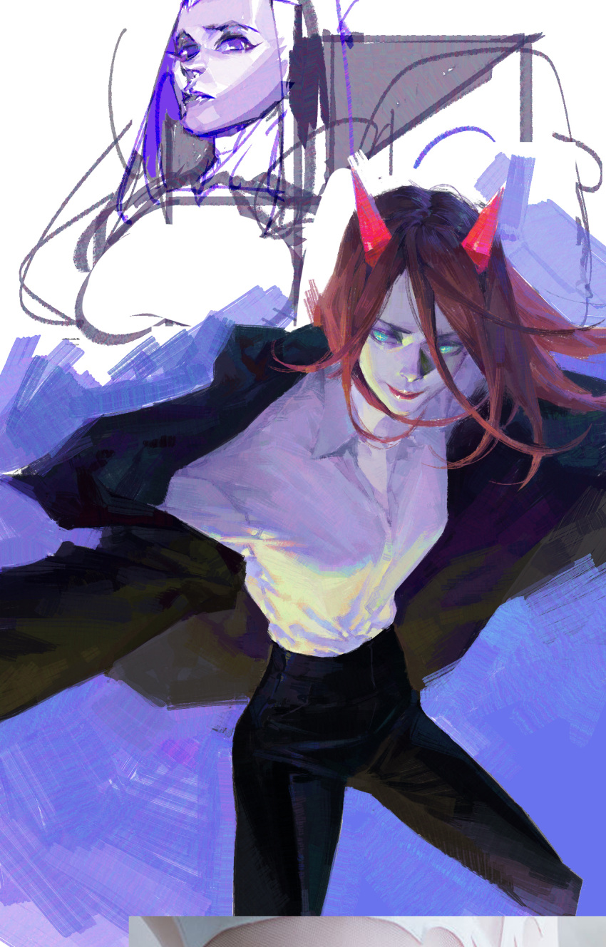 2girls black_coat black_pants blue_background breasts chainsaw_man character_request coat dressing fj_wu_cheng'en green_eyes highres horns long_hair long_sleeves looking_at_viewer multiple_girls pants power_(chainsaw_man) red_horns red_lips redhead shirt sketch smile white_shirt