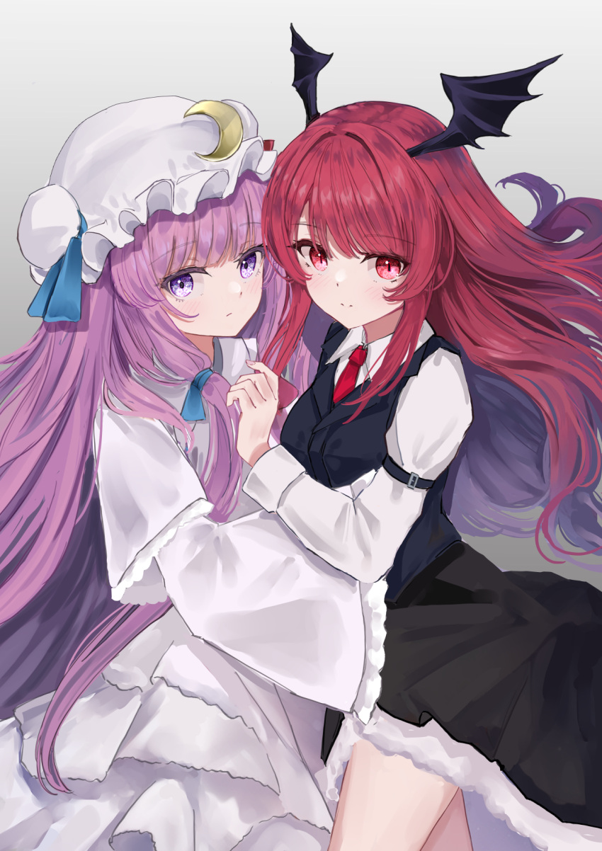 2girls :/ black_skirt black_vest blue_bow blue_ribbon blush bow closed_mouth collared_shirt commentary_request crescent crescent_hat_ornament demon_wings dress fingernails frilled_sleeves frills grey_background hair_bow hair_ribbon hat hat_ornament hat_ribbon head_wings highres koakuma long_hair long_sleeves mob_cap multiple_girls necktie patchouli_knowledge purple_hair red_bow red_eyes red_necktie red_ribbon redhead ribbon sarasadou_dan shirt sidelocks simple_background skirt sleeve_garter sleeves_past_fingers sleeves_past_wrists slit_pupils smile split_mouth touhou vest violet_eyes white_dress white_headwear white_shirt wide_sleeves wings
