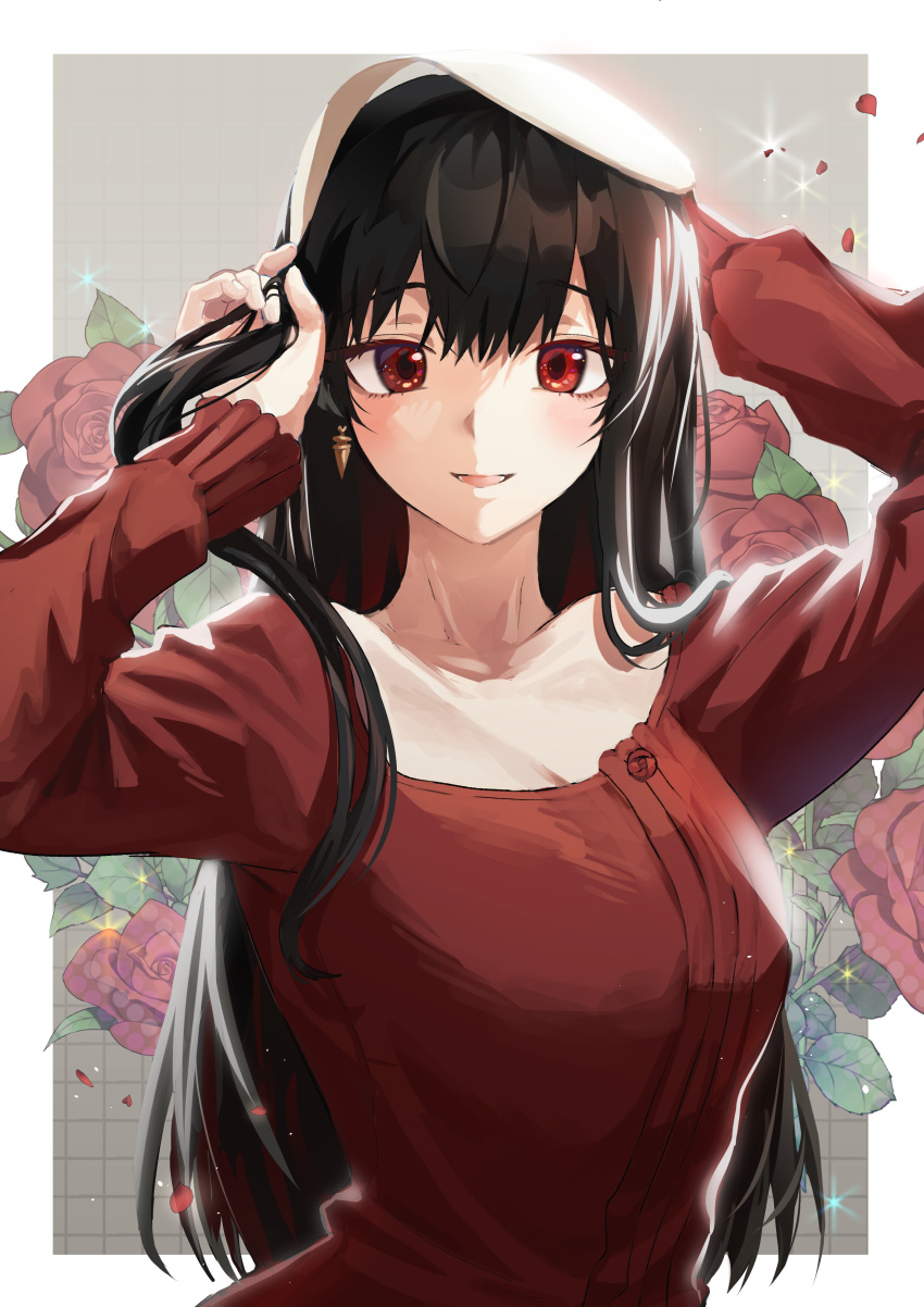 1girl absurdres bangs black_hair collarbone earrings flower highres jewelry looking_at_viewer open_mouth red_eyes red_flower red_rose red_shirt rose shadow shirt smile solo spy_x_family yor_briar zetto_(zet)