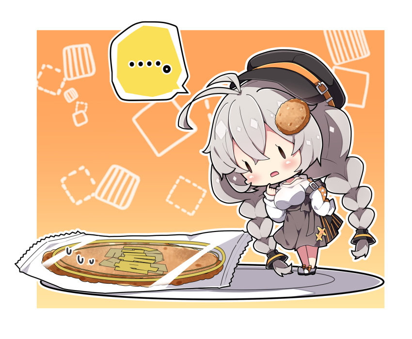 ... 1girl antenna_hair bangs black_headwear braid breasts brown_eyes cabbie_hat chibi commentary_request dotted_line food-themed_hair_ornament grey_hair grey_skirt hair_between_eyes hair_ornament hat highres kizuna_akari large_breasts long_hair long_sleeves looking_away looking_down low_twintails milkpanda open_mouth plate shirt shoes skirt sleeves_past_fingers sleeves_past_wrists solid_oval_eyes solo spoken_ellipsis standing suspenders sweat twin_braids twintails very_long_hair voiceroid white_footwear white_shirt