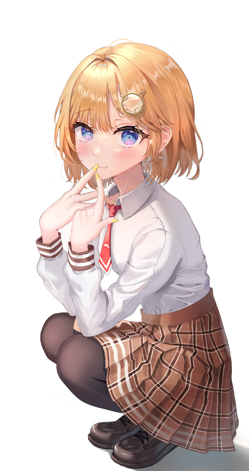 1girl absurdres bangs blonde_hair blue_eyes blush brown_footwear brown_pantyhose brown_skirt closed_mouth collared_shirt fang full_body hair_ornament hand_on_own_face highres hololive hololive_english long_sleeves looking_at_viewer multicolored_eyes necktie pantyhose pian717 plaid plaid_skirt pleated_skirt red_necktie school_uniform shiny shiny_hair shirt shoes short_hair simple_background skirt smile solo squatting violet_eyes virtual_youtuber watson_amelia white_background white_shirt yellow_nails
