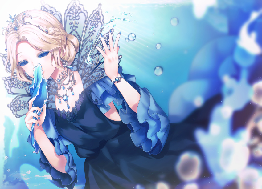 1girl air_bubble bangs blonde_hair blue_dress blue_eyes blue_gemstone blue_nails blue_sclera blurry bracelet braid bubble colored_sclera covering_mouth dress dutch_angle earrings feet_out_of_frame french_braid frilled_sleeves frills gem hair_bun hand_fan highres holding holding_fan identity_v jewelry looking_at_viewer mary_(identity_v) necklace official_alternate_costume parted_bangs ponita single_hair_bun sleeves_past_elbows smile solo supportasse tiara water