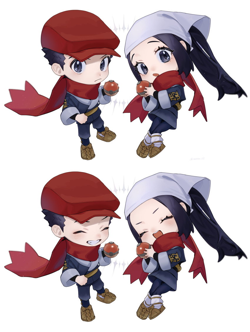 1boy 1girl :d :o absurdres akari_(pokemon) amatsumi_(amttm23) black_hair black_shirt brown_footwear chibi closed_eyes commentary_request eyelashes floating_scarf grey_jacket grey_pants grey_skirt grin hat head_scarf highres holding holding_poke_ball jacket logo multiple_views open_mouth pants poke_ball poke_ball_(legends) pokemon pokemon_(game) pokemon_legends:_arceus ponytail red_headwear red_scarf rei_(pokemon) scarf shirt shoes skirt smile white_background